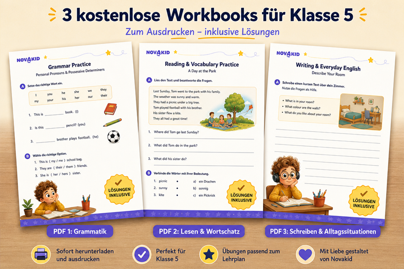 Kostenlose Englisch-Workbooks zum Download zur Vorbereitung von Klassenarbeiten in Englisch in Klasse 5