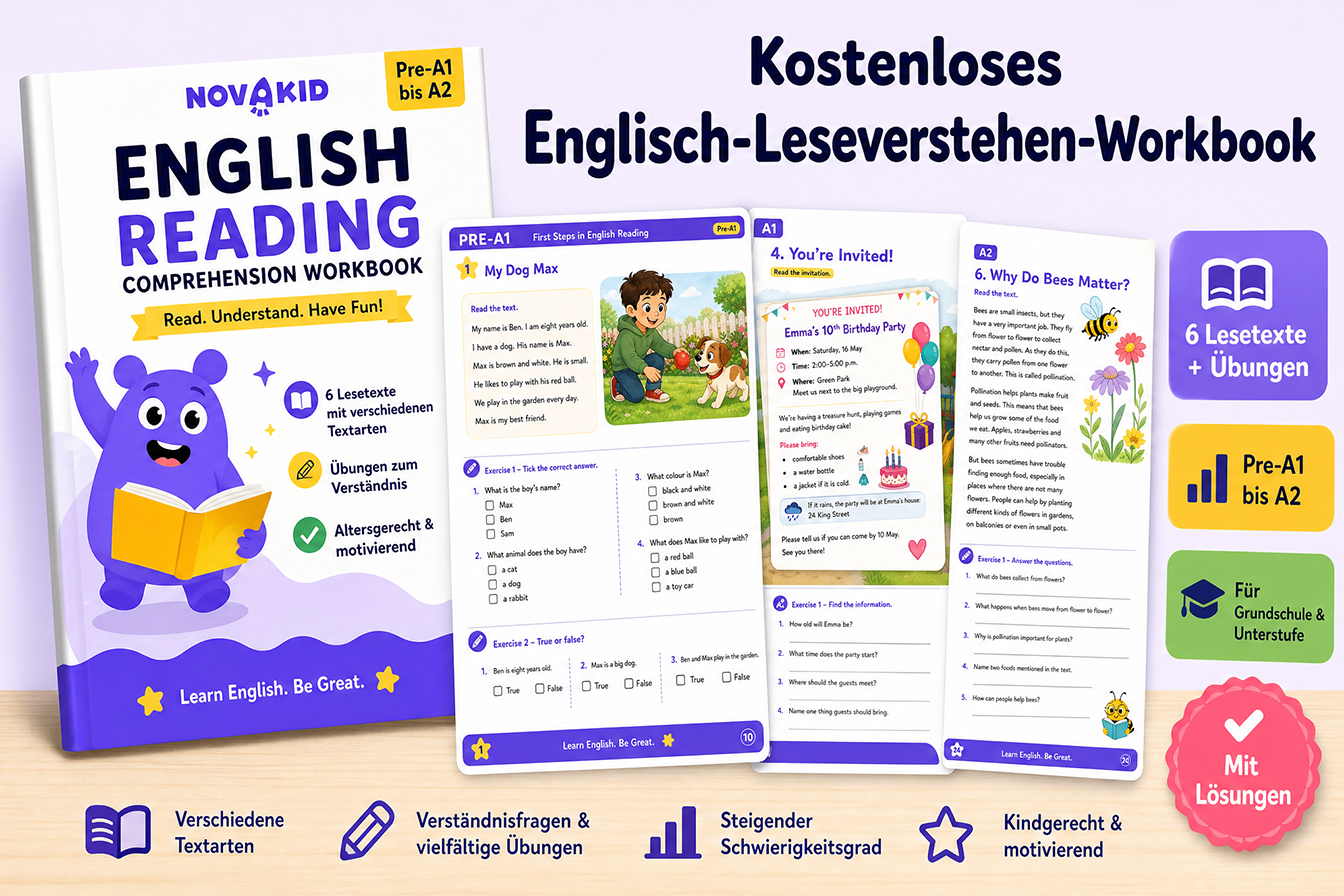 Die Infografik zeigt ein Bild eines kostenlosen PDF-Workbooks mit englischen Texten zum Lesen üben und passenden Reading-Comprehension-Übungen mit Lösungen für Kinder