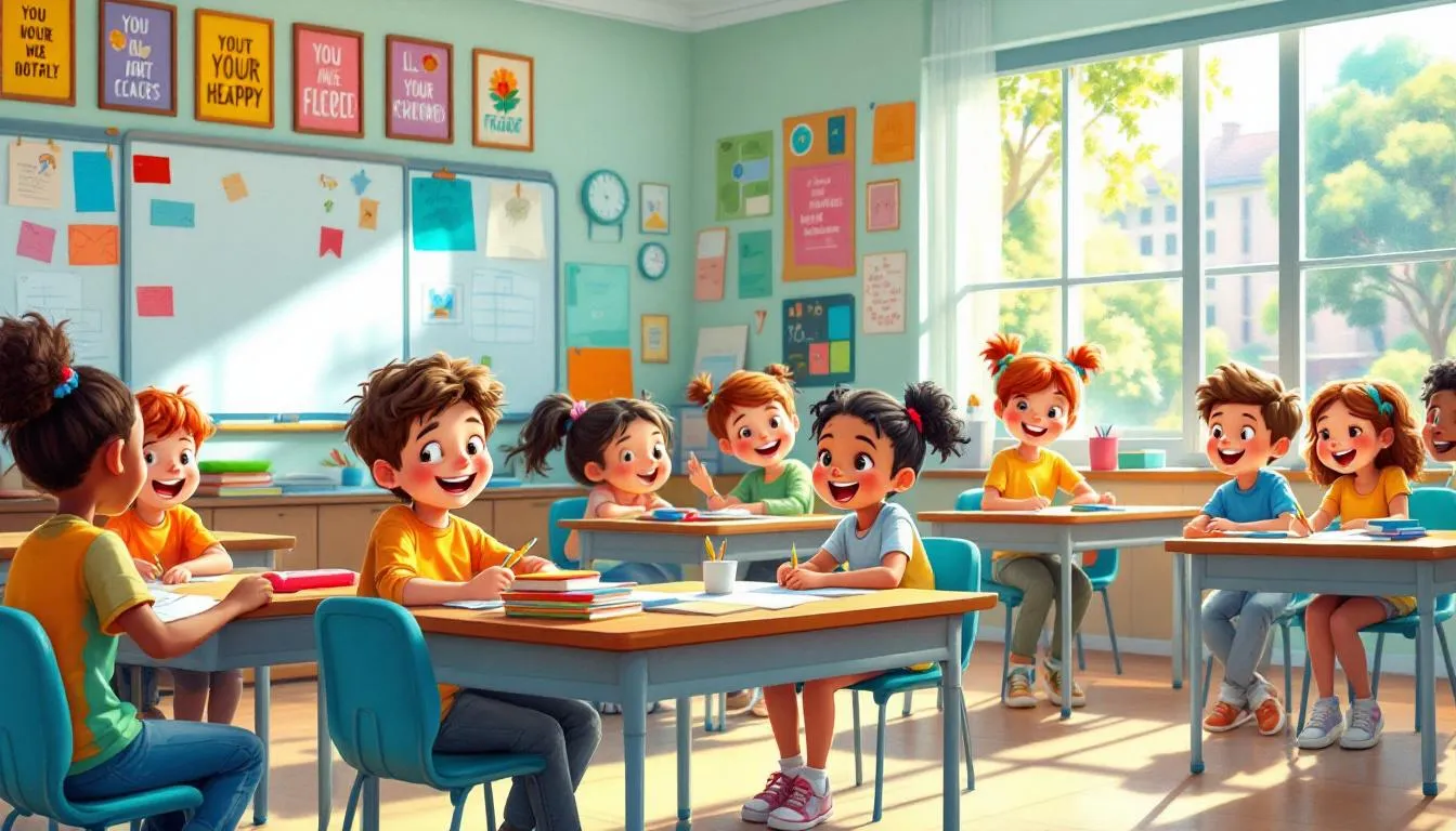Una ilustración muestra a varios niños disfrutando en clase, participando activamente en actividades de aprendizaje de una lengua extranjera. Los alumnos realizan movimientos y gestos, aplicando el método de la respuesta física total (TPR) para interiorizar el vocabulario y las instrucciones del docente.