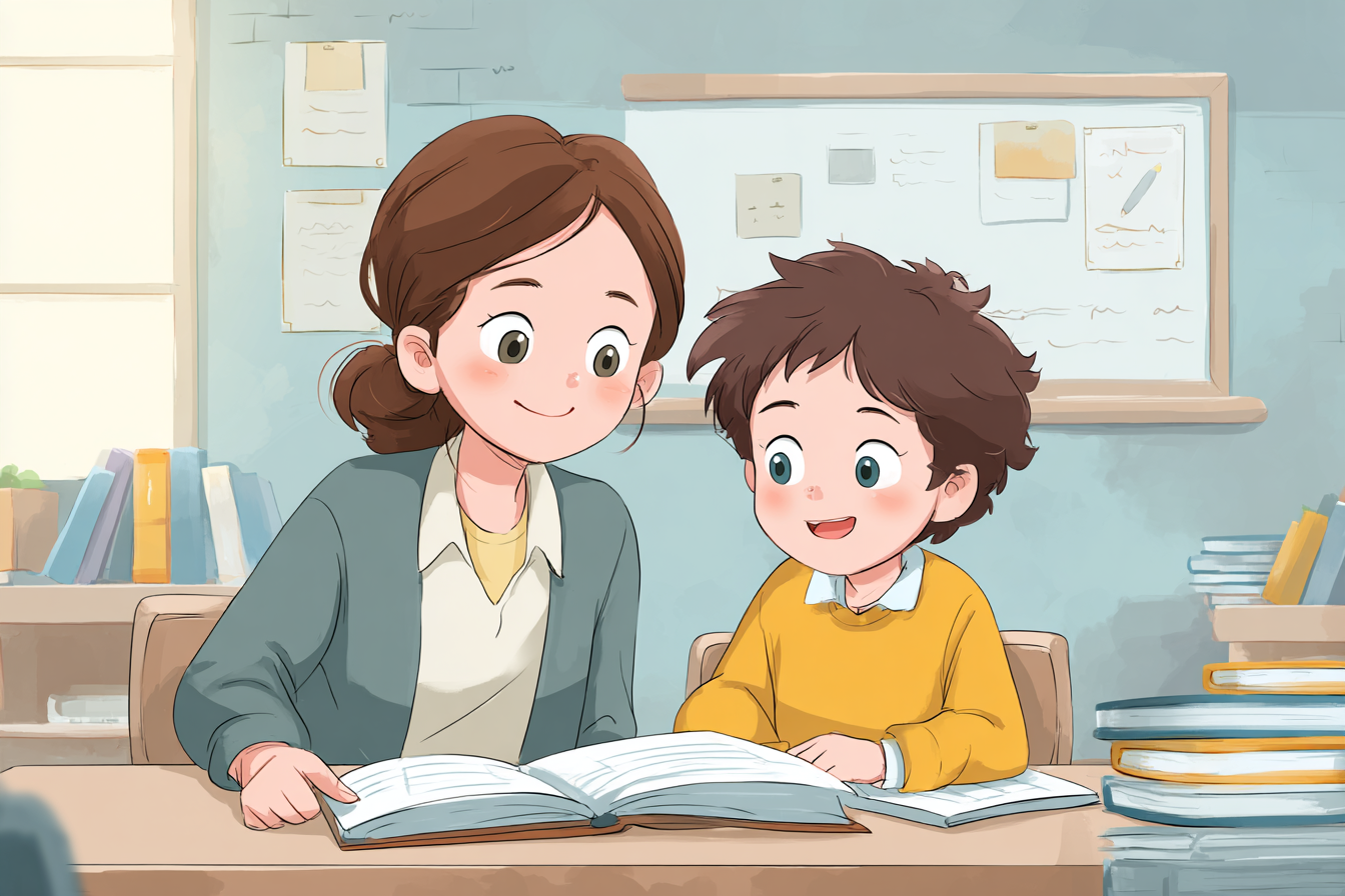 Una ilustración de una madre ayudando a su hijo a hacer los deberes