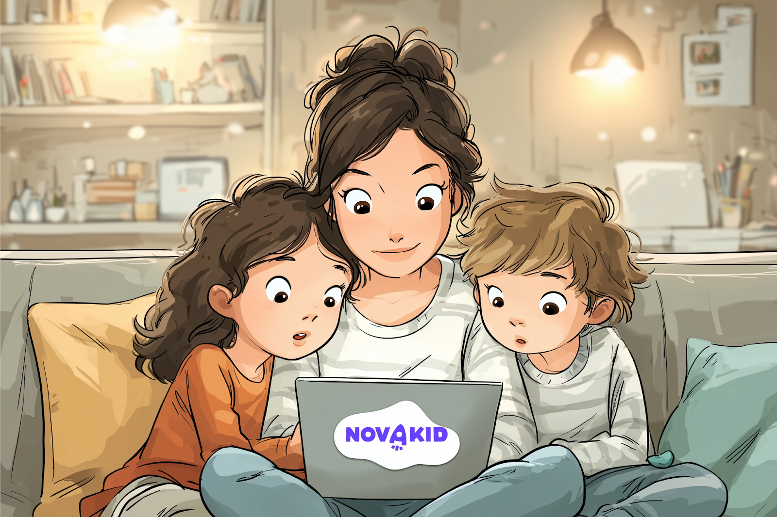 Una madre con sus dos hijos enseñándole cómo funciona Novakid.