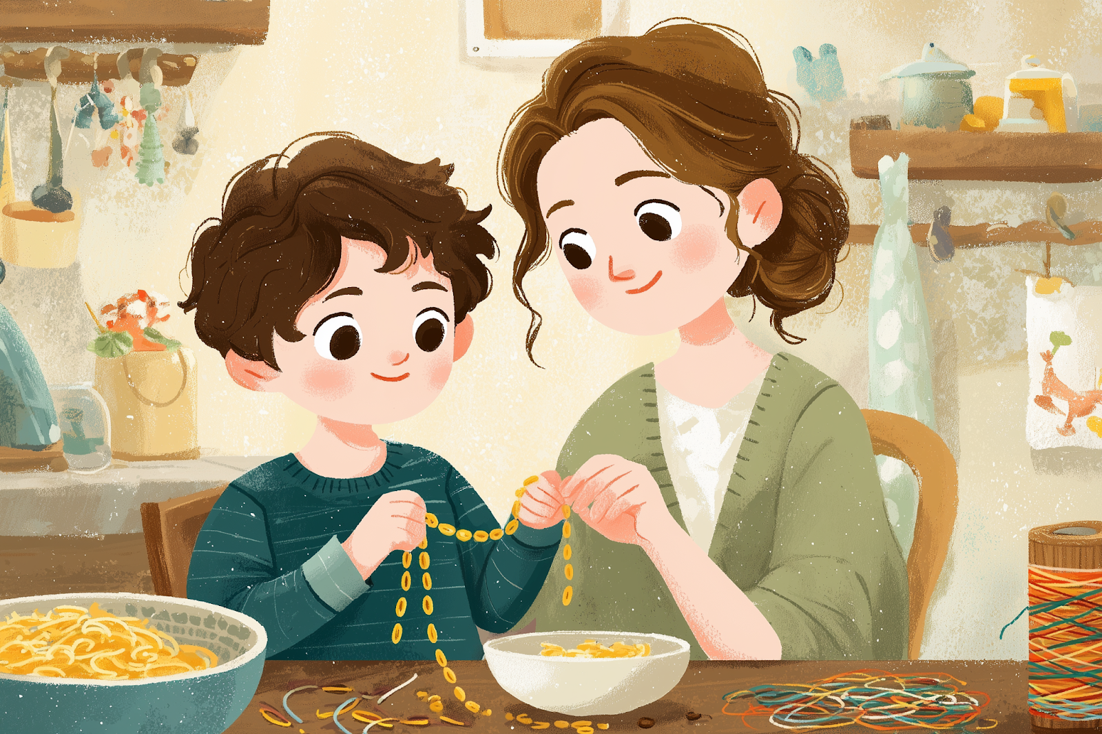 Una madre y su hijo haciendo un collar con macarrones