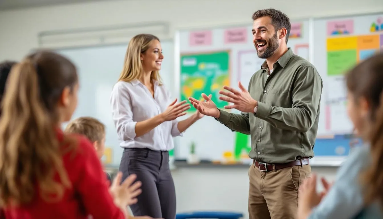 En la imagen se muestra a un profesor interactuando con un grupo de estudiantes en un aula