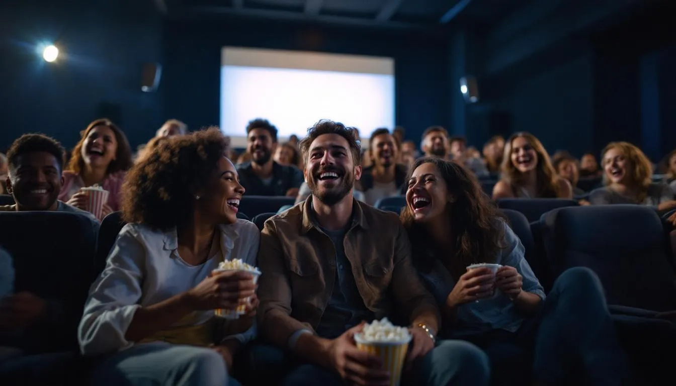 En la imagen se observa a varias personas en una sala de cine, riéndose y disfrutando de una divertida película de comedia. La atmósfera está llena de alegría y risas, creando un ambiente de diversión entre amigos
