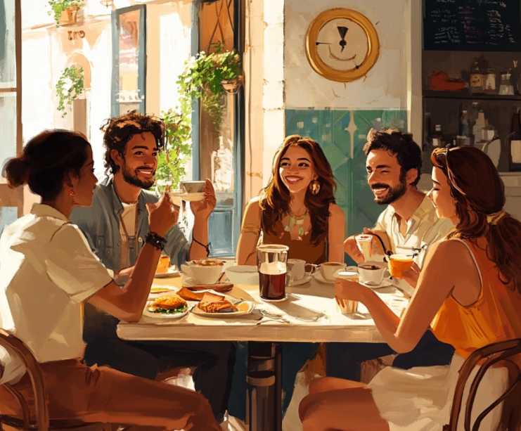 Grupo de personas diversas interactuando en un café internacional