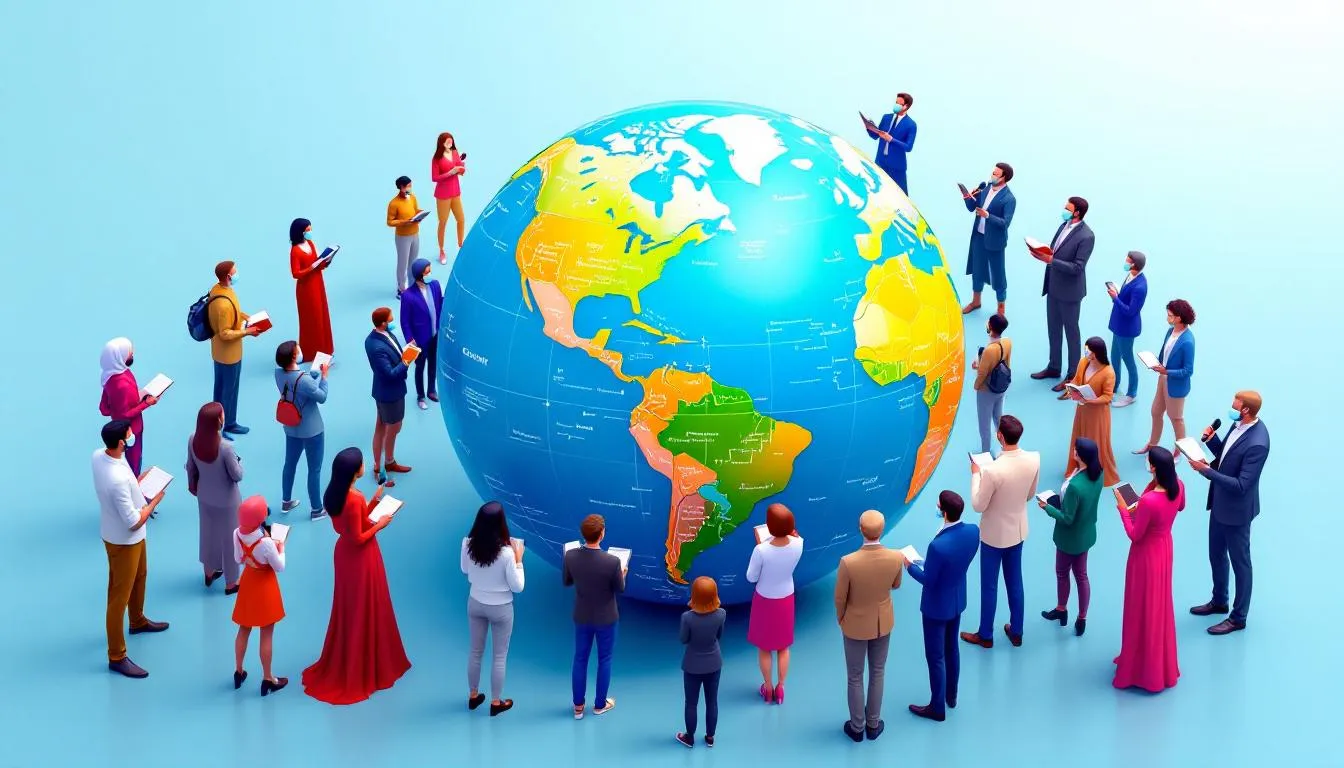 La imagen metafórica del mundo muestra un mapa donde se destacan los países donde se habla inglés, como Estados Unidos, Reino Unido y Nueva Zelanda, simbolizando la conexión entre culturas y la importancia del idioma en la calidad de vida. Alrededor del mapa, se encuentran libros y palabras que representan el aprendizaje y la experiencia de estudiar inglés en diferentes destinos