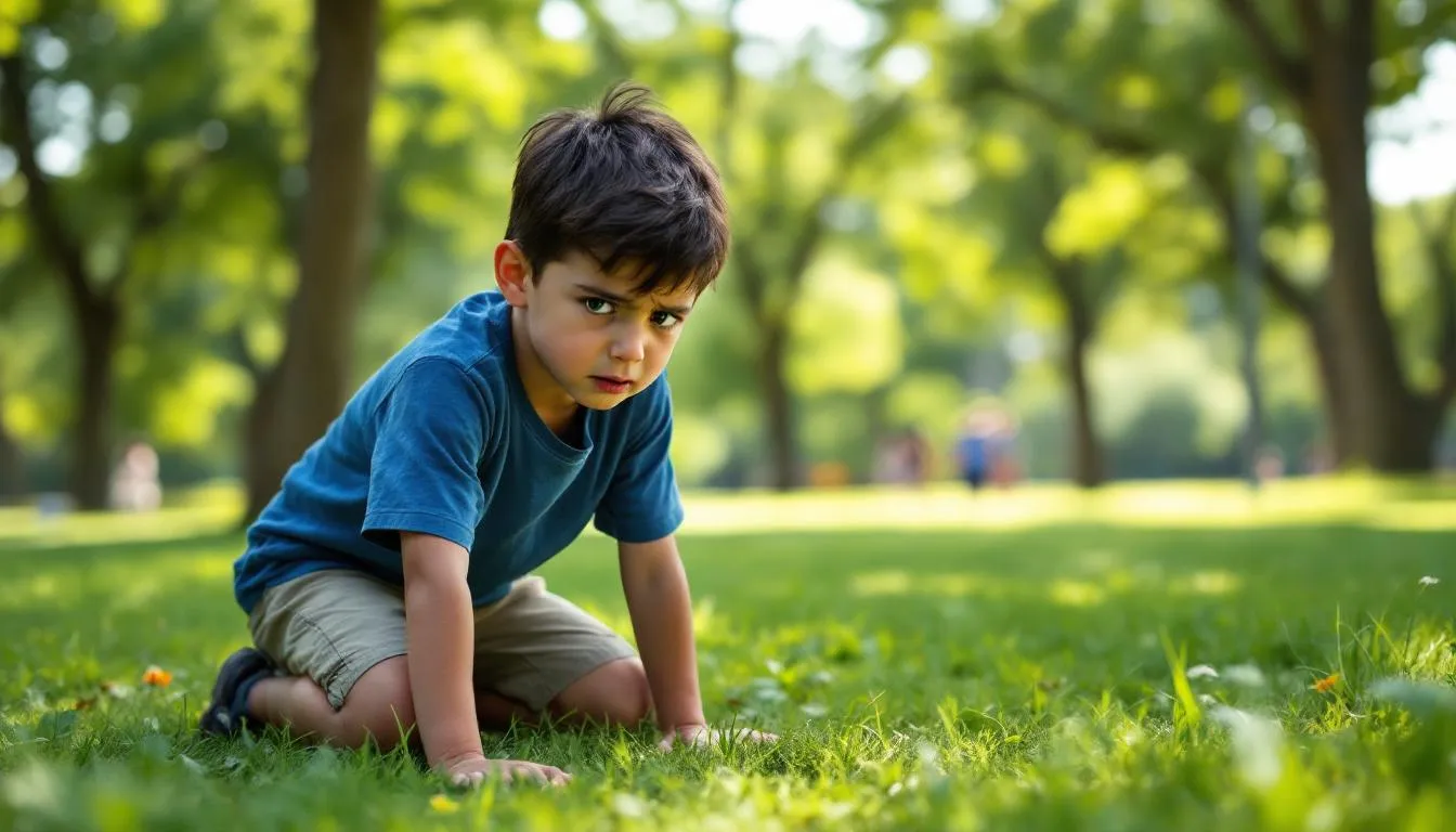 Un niño con expresión de preocupación busca algo que ha perdido, mirando a su alrededor con incertidumbre. Su rostro refleja la sensación de haberlo
