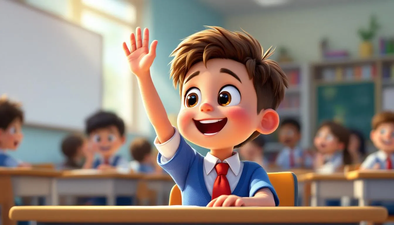 Una ilustración muestra a un niño levantando la mano en clase, listo para participar y aprender inglés. Su expresión refleja entusiasmo y curiosidad, mientras que otros estudiantes lo observan desde sus asientos