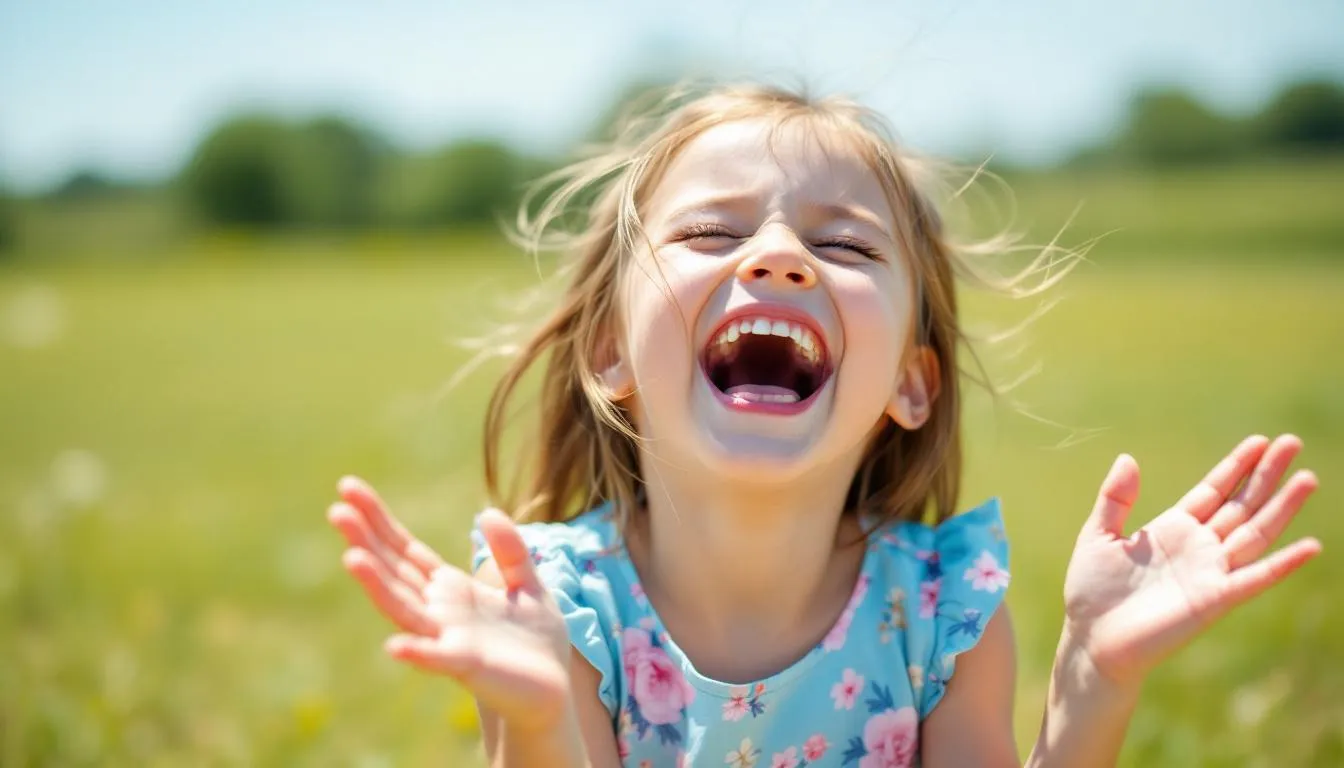 Una niña está riéndose a carcajadas en un parque, mostrando su alegría y diversión mientras juega con sus amigos. Su risa es contagiosa y llena de energía, creando un ambiente divertido y alegre