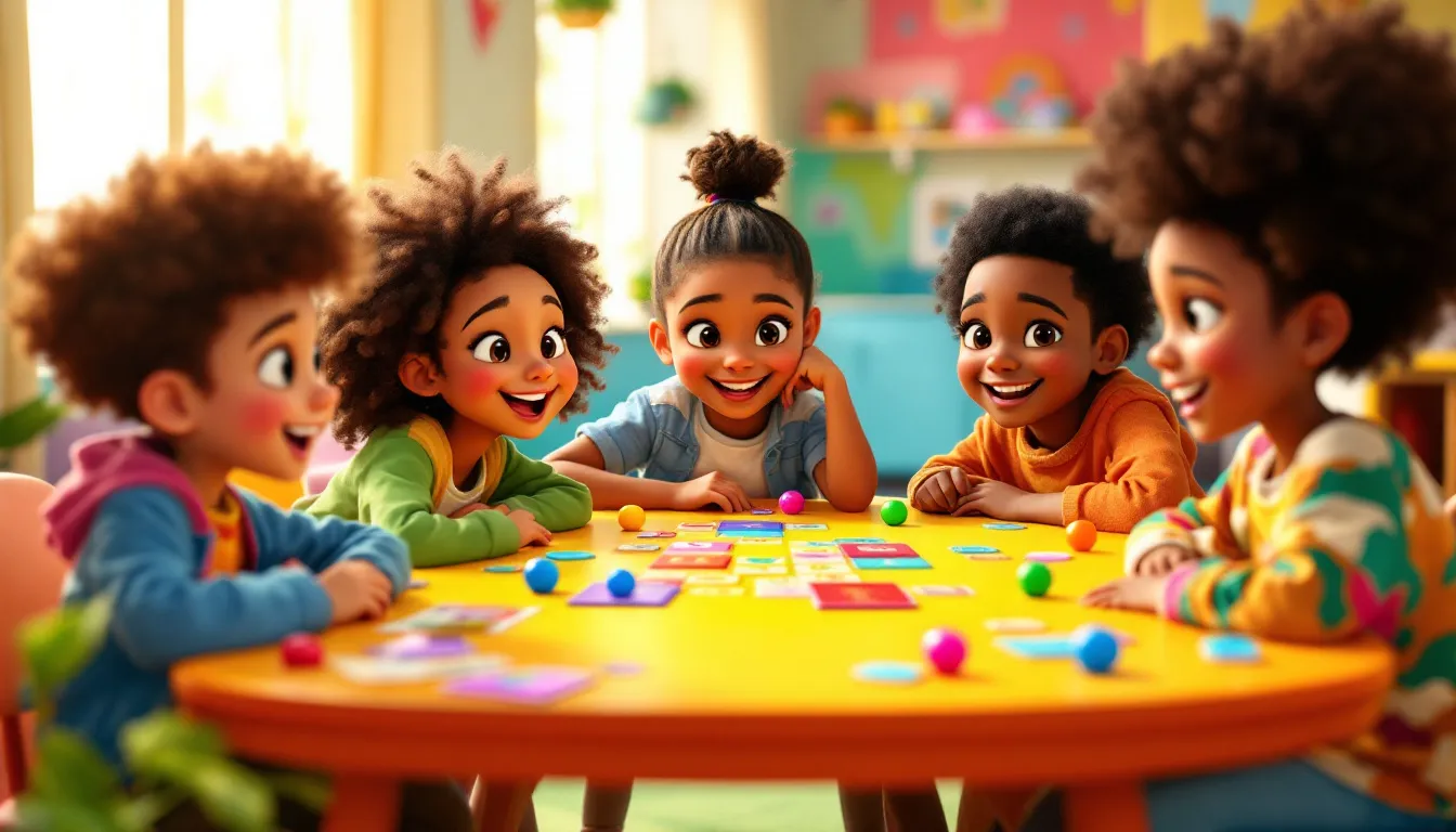 Jugadores participando en un juego de mesa en equipo, fomentando la colaboración y el aprendizaje del inglés.