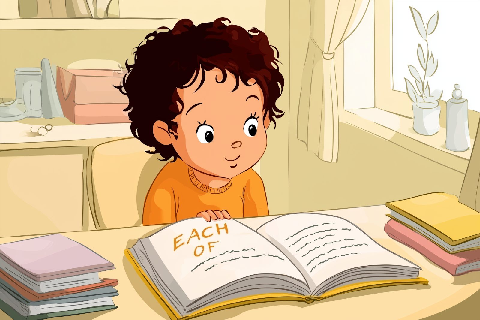Un niño leyendo un libro en inglés en el que se puede leer each of