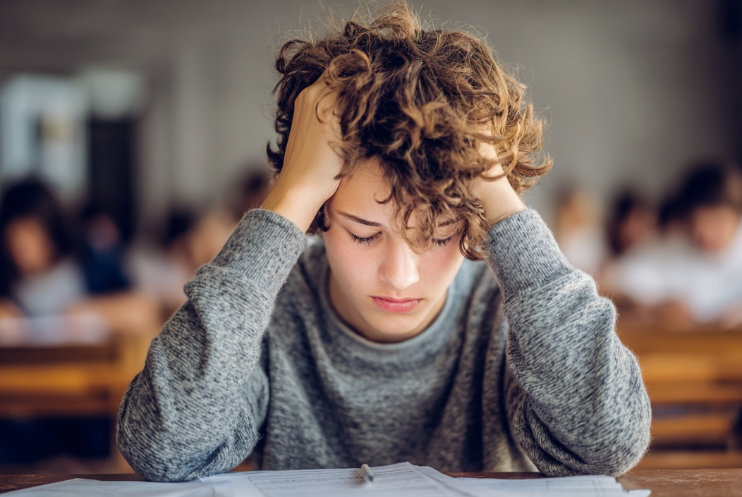 Una imagen de un niño con cara de agobio porque el examen es difícil