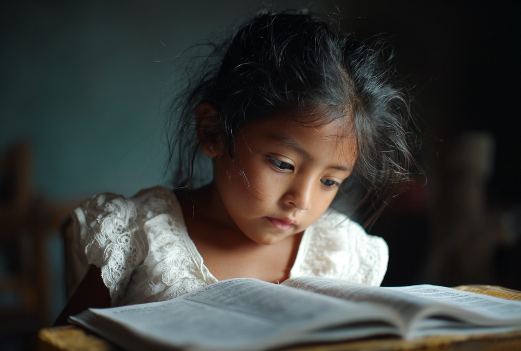 Una niña leyendo un libro en el que se explica qué son los anglicismos