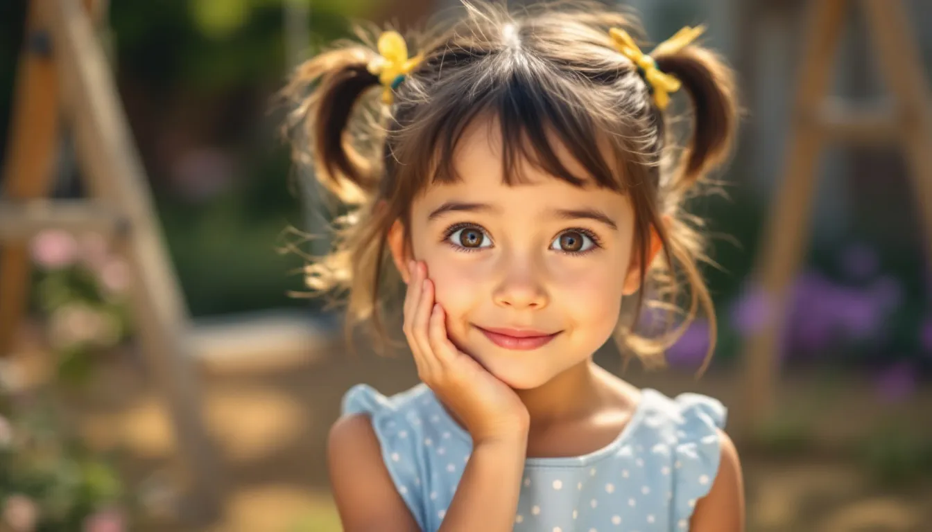 Una niña sonriente con expresión pensativa, como si estuviera reflexionando sobre algún tema interesante, rodeada de un ambiente alegre. Su mirada curiosa invita a pensar en el uso de anglicismos en el idioma español y cómo influyen en nuestra comunicación diaria.