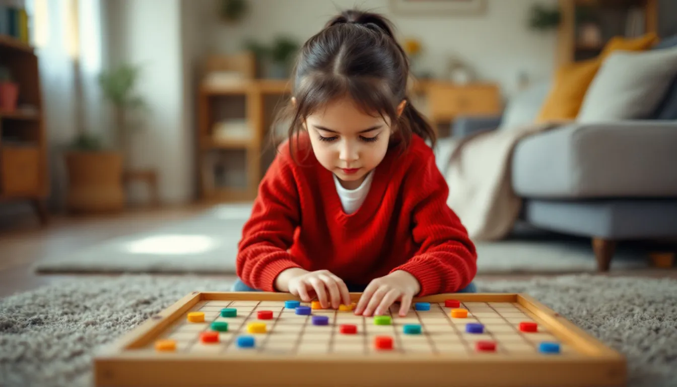 Una niña sonriente juega a un juego de mesa en casa, rodeada de amigos. Esta actividad fomenta el aprendizaje de habilidades en inglés de forma divertida y creativa, mientras comparten risas y desafíos