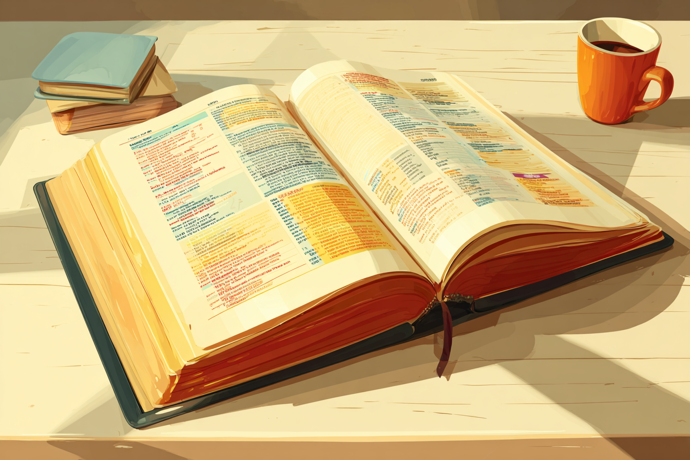 Un diccionario en inglés sobre un escritorio y una taza de café