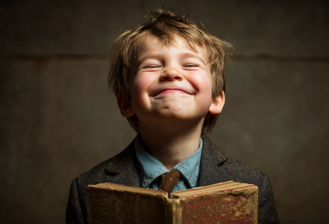 Un niño con cara de felicidad aprendiendo a deletrear palabras difíciles en inglés
