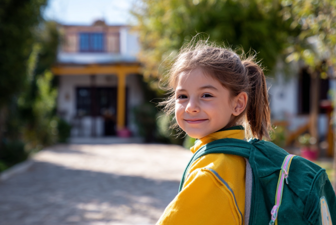 Una niña pequeña con una mochila en frente de la puerta del colegio