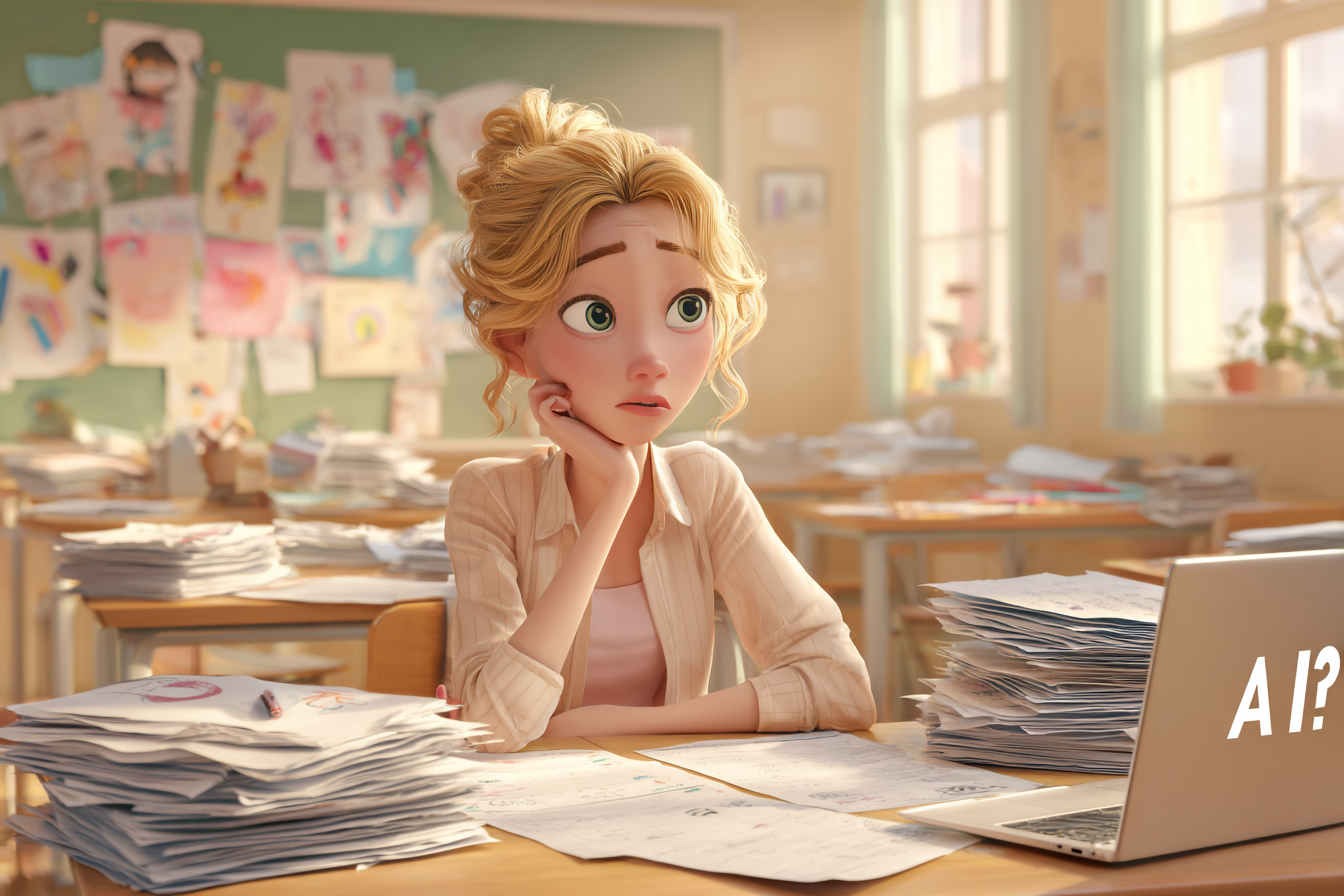 Una profesora corrigiendo exámenes en inglés y tratando de averiguar si sus alumnos han utilizado la IA.