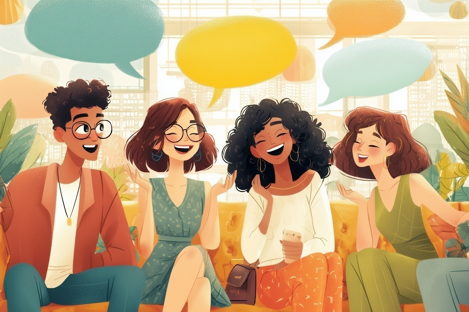 Un grupo diverso de personas hablando en inglés en una cafetería