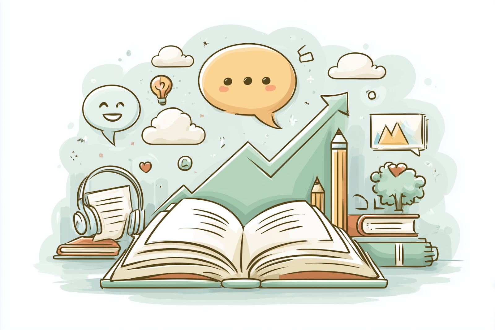 Una ilustración con símbolos que representan el speaking, writting, listening and reading en inglés