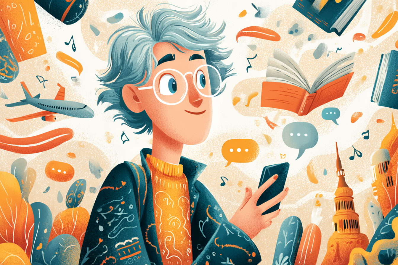 Una ilustración de un hombre mirando el móvil y aprendiendo inglés