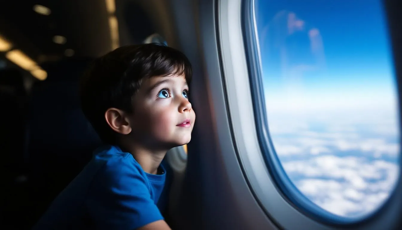 Un niño observa con asombro por la ventana de un avión mientras se pregunta