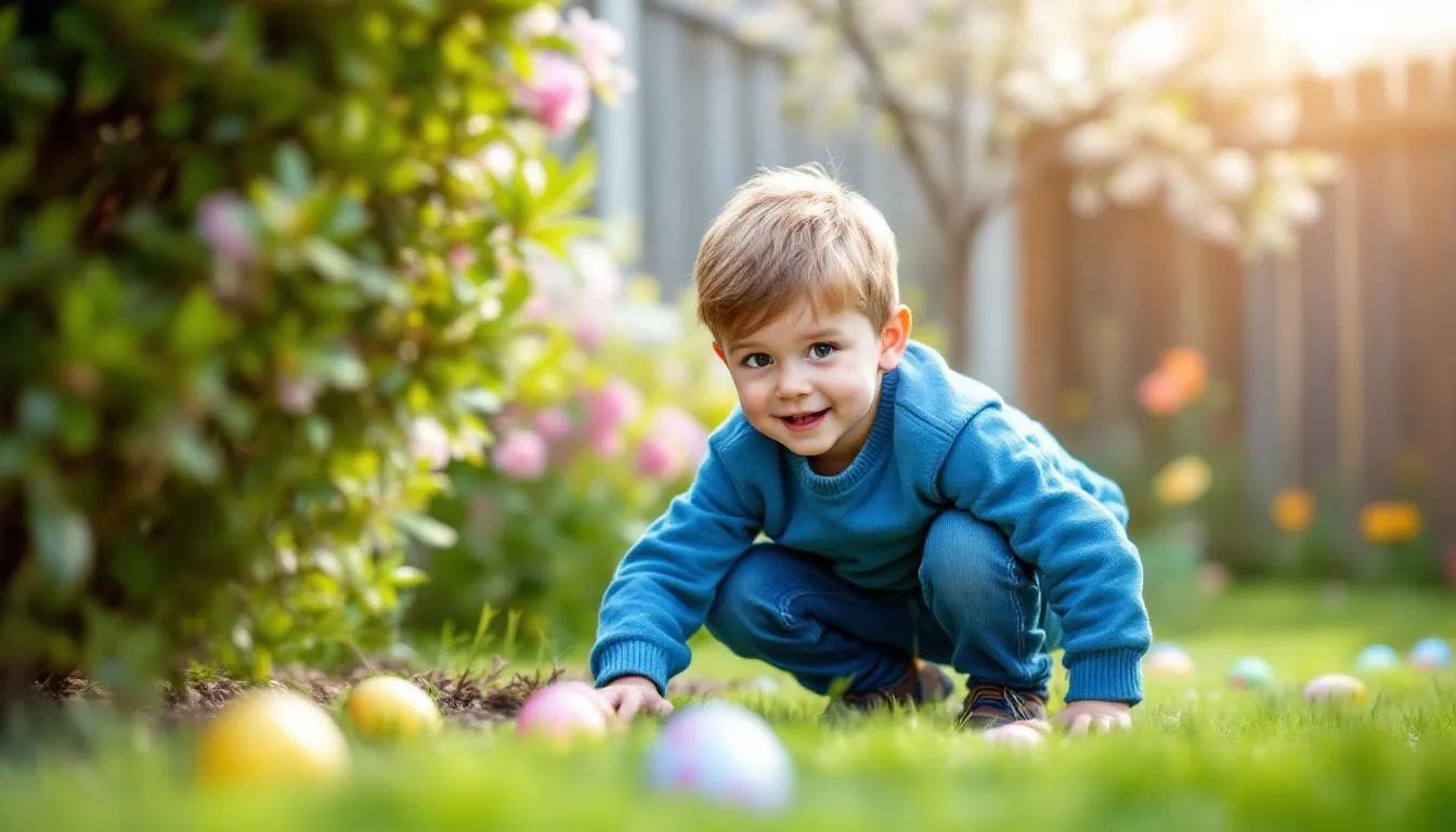 Un niño pequeño busca huevos de pascua en el jardín, con una cesta en la mano, mientras sonríe emocionado por la búsqueda. Esta actividad de pascua es una celebración divertida que fomenta la creatividad y la coordinación en los niños