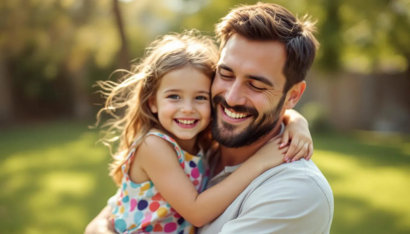 Un padre feliz sonríe mientras juega con su hija en el jardín, mostrando una conexión especial entre ellos. La escena refleja la importancia de la felicidad en la vida familiar y el desarrollo de niños responsables