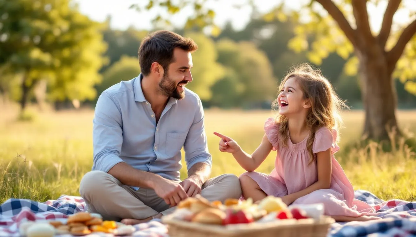 Un padre y su hija disfrutan de un picnic en un parque para celebrar el cumpleaños de la niña
