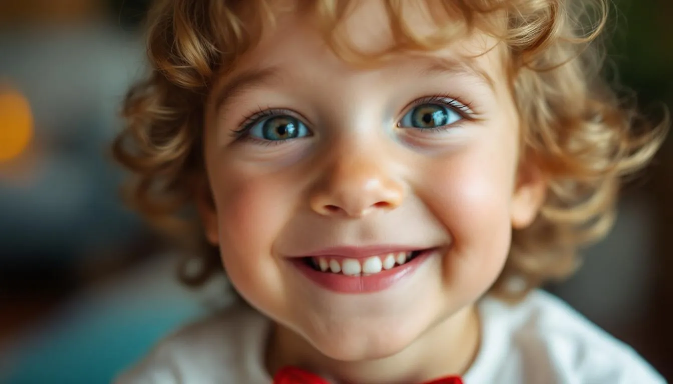 Un primer plano de la cara de un niño sonriente mientras aprende frases en inglés
