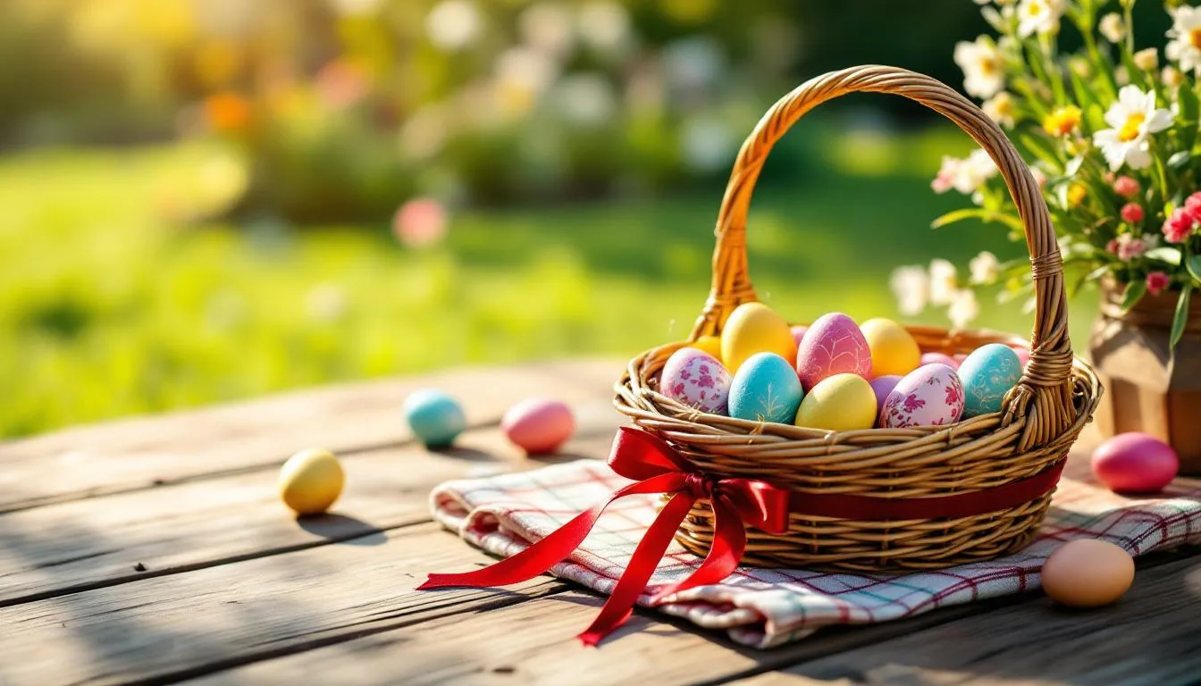 Una cesta decorativa llena de coloridos huevos de pascua se encuentra sobre una mesa, acompañada de un conejo de pascua de juguete. Esta imagen evoca la celebración de actividades de pascua, ideales para disfrutar en familia y fomentar la creatividad de los niños