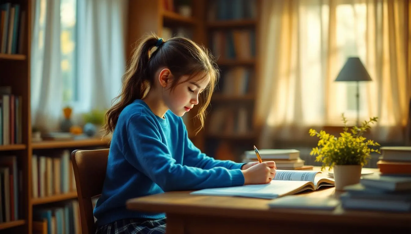 Una niña está sentada en un escritorio, estudiando inglés con libros y cuadernos abiertos, mientras toma notas sobre vocabulario y frases. En la mesa hay herramientas de aprendizaje, como un diccionario y una computadora portátil, que la ayudan en su proceso de enseñanza y aprendizaje del idioma