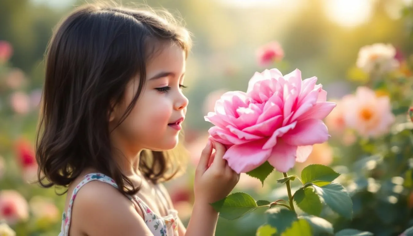 Una niña sonriente está oliendo una hermosa flor en un jardín lleno de colores vibrantes. La escena evoca la belleza de la naturaleza y la alegría de la primavera
