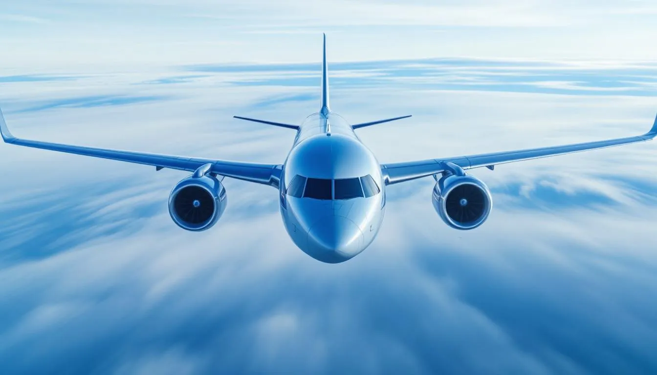 Un avión vuela alto en el cielo, mostrando sus alas extendidas que generan la fuerza de sustentación necesaria para mantenerse en el aire. Este vuelo se basa en el principio de Bernoulli, donde las diferencias de presión en la superficie alar permiten que el avión se eleve y se desplace a través de la atmósfera