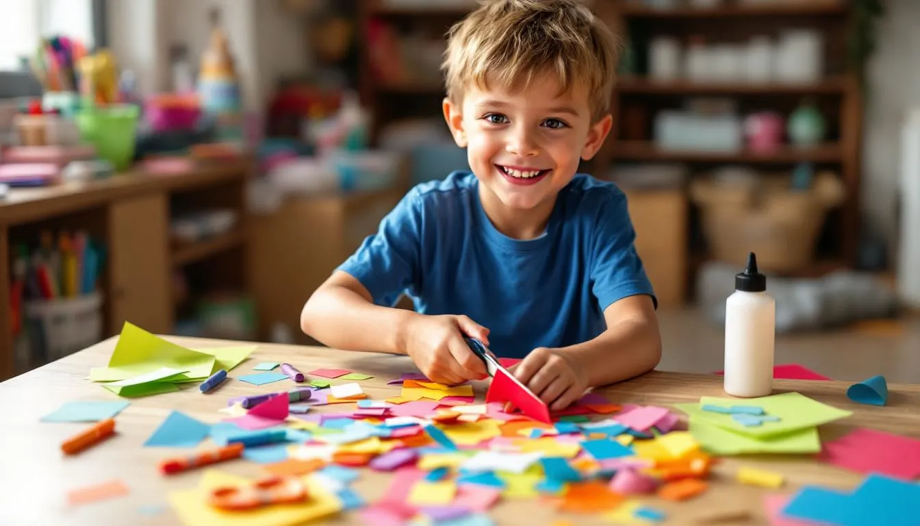 Un niño feliz está recortando papel de colores en una mesa, disfrutando de una actividad de manualidades que estimula su creatividad. A su alrededor hay trozos de papel y herramientas de manualidades, creando un ambiente divertido y lleno de color