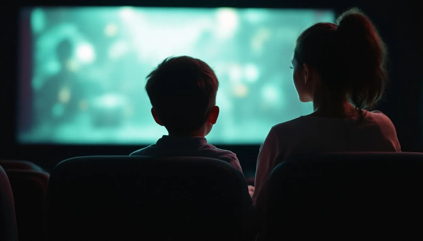 Un niño y su madre están sentados en el cine mirando una película en inglés con subtítulos