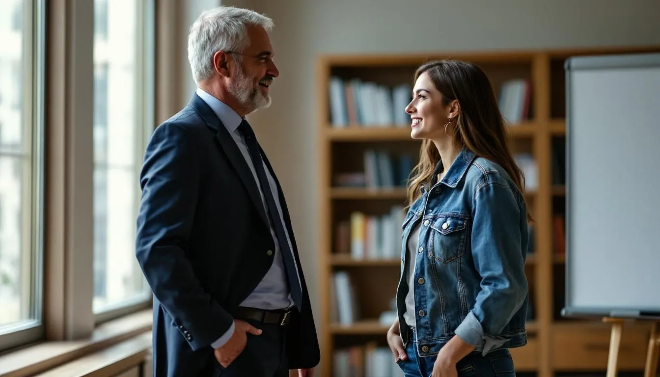 Un profesor está conversando con una alumna mientras le explica cuándo usar