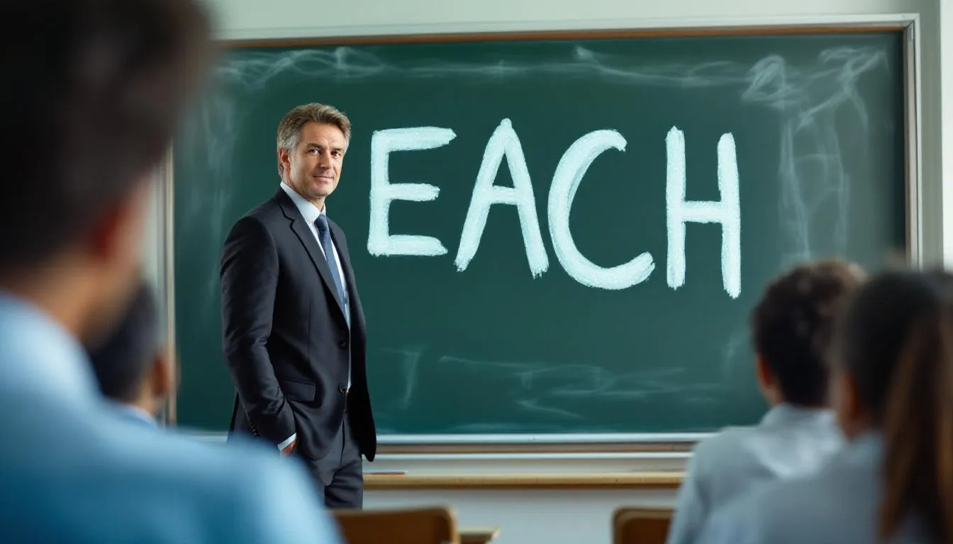 Un profesor está enseñando a usar each a sus alumnos. Una información valiosa para dominar el idioma inglés