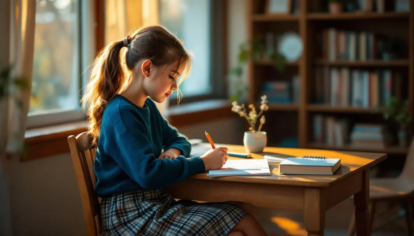 Una niña está sentada en un escritorio aplicando los consejos para aprender inglés