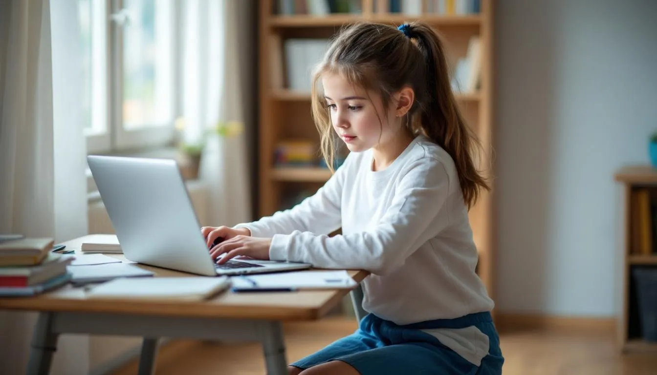 Una niña estudia con su computadora las relative clauses en inglés