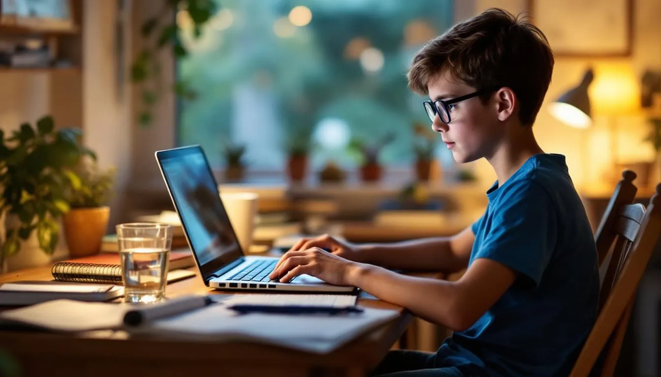 Un niño está sentado frente a su computadora, concentrado en estudiar inglés. En la pantalla se pueden ver preguntas de un test que evalúa su nivel de inglés, mientras toma notas sobre gramática y vocabulario
