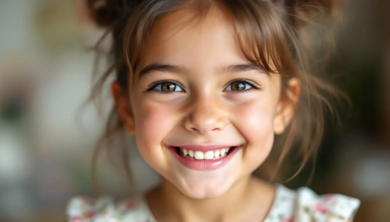 La imagen muestra el primer plano de la cara feliz de una niña que ha completado un ejercicio en inglés sin ningún error