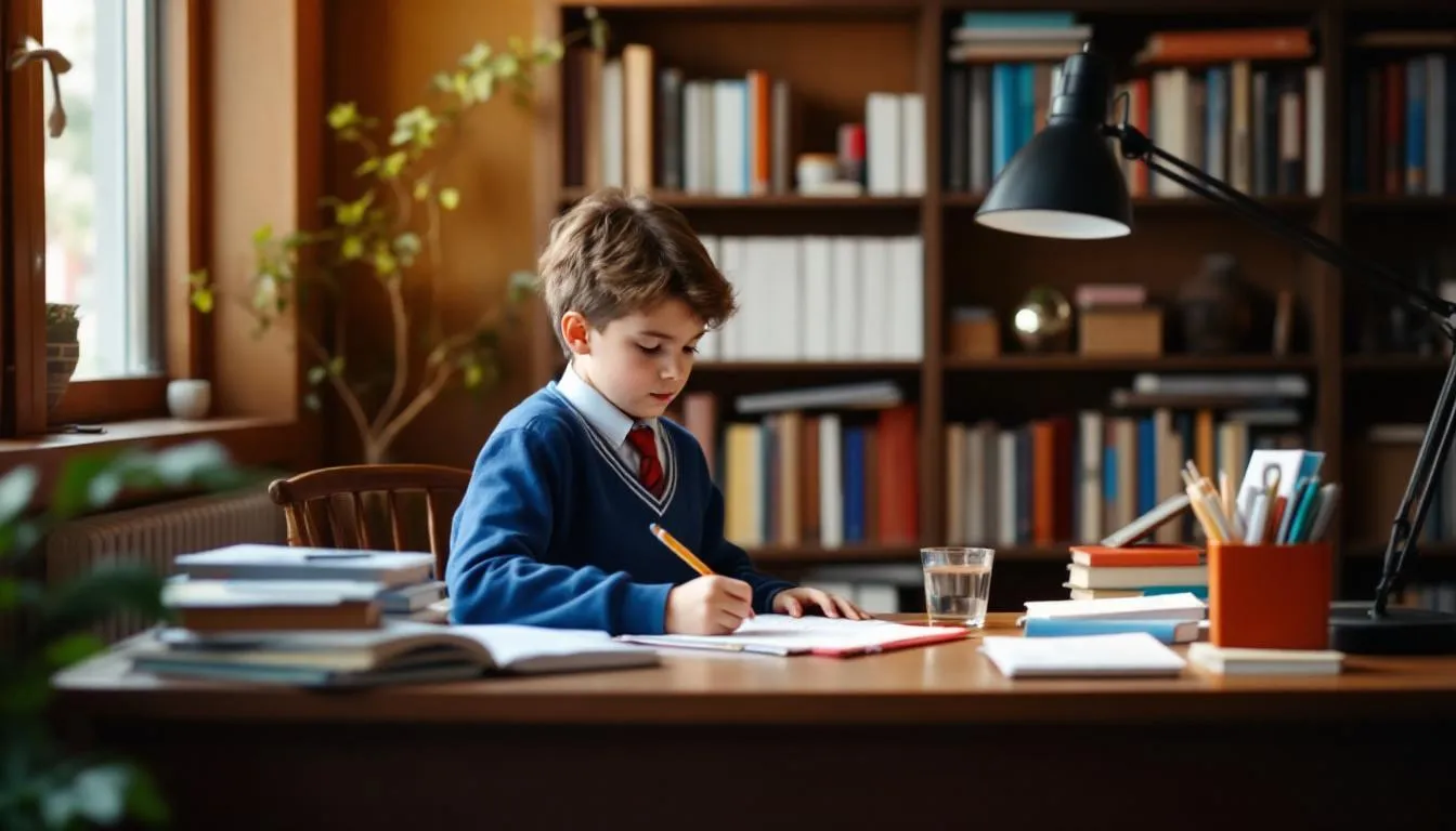 Un niño está estudiando en su escritorio, rodeado de libros y materiales de aprendizaje. Se le observa concentrado en sus lecciones de inglés para niños, utilizando recursos como juegos y videos para hacer el proceso más divertido