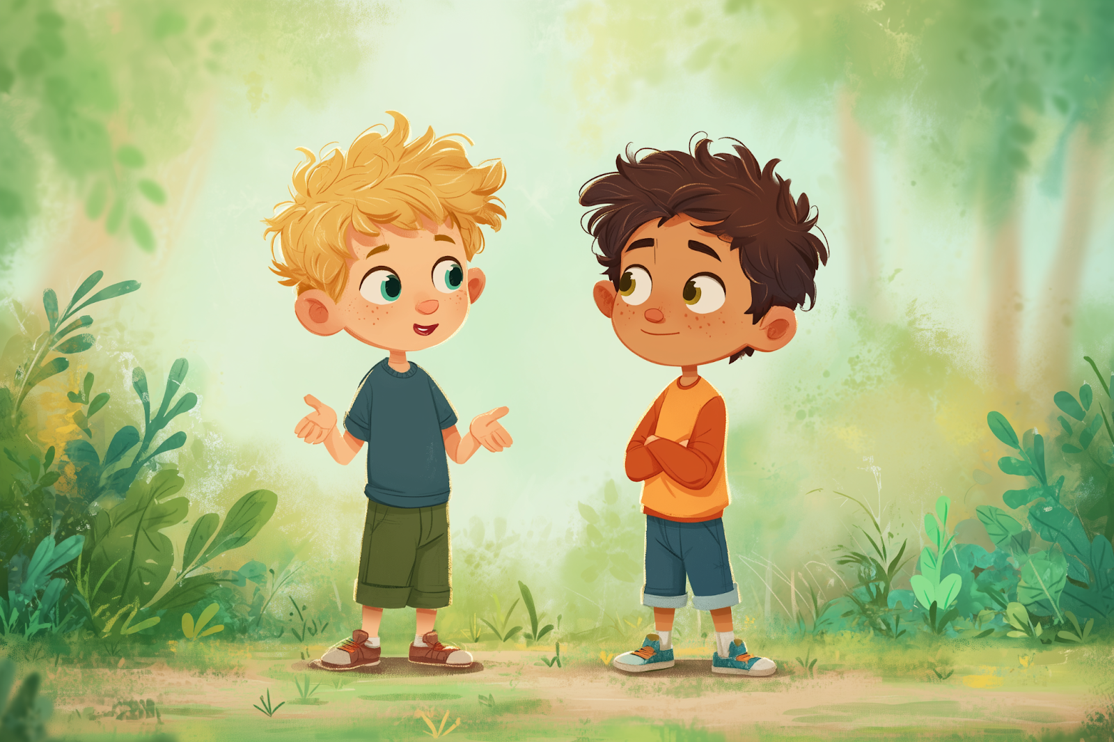 Dos jóvenes colombianos de séptimo grado hablan entre ellos en inglés