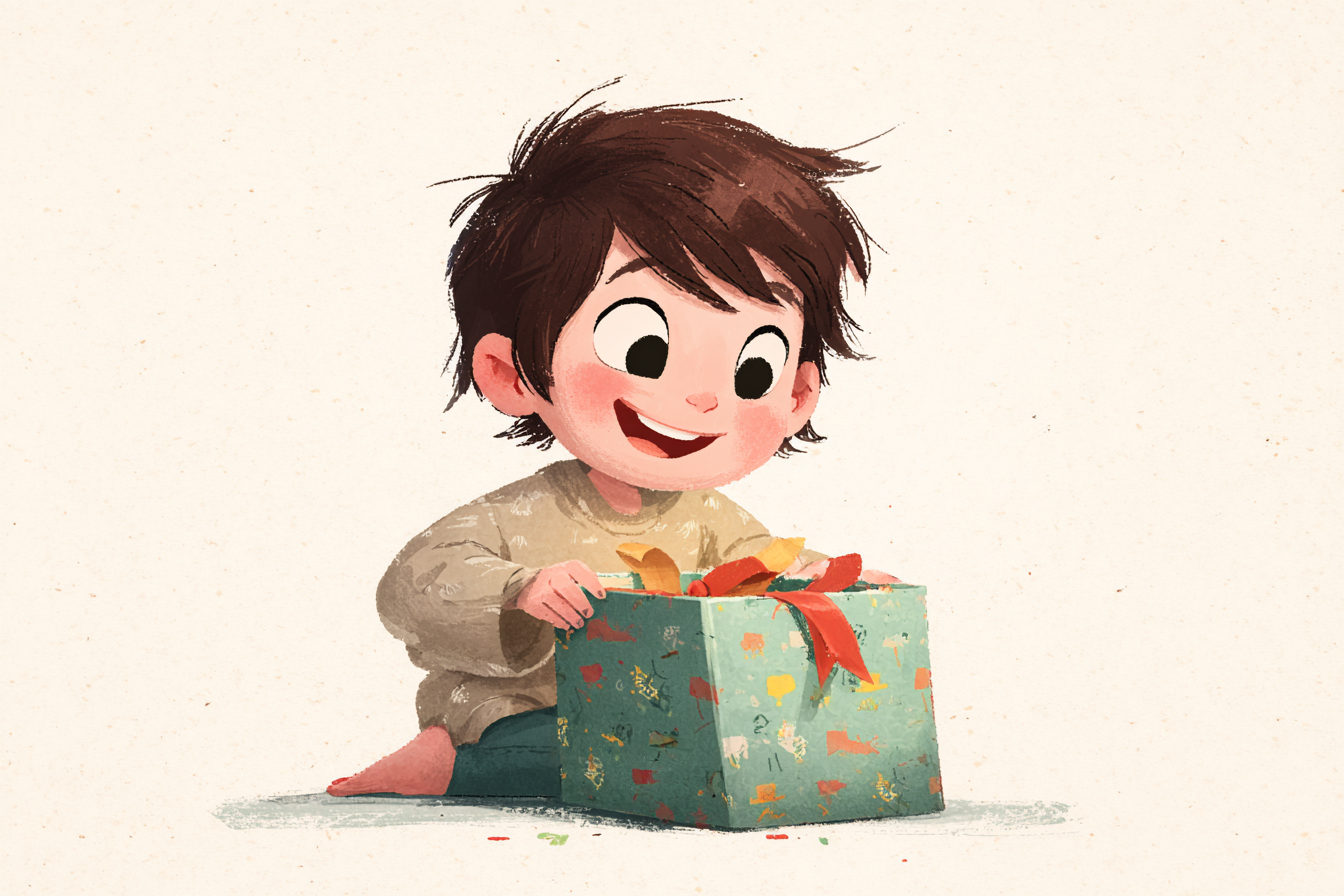 Un niño abre un regalo ilusionado mientras dice una expresión en inglés: