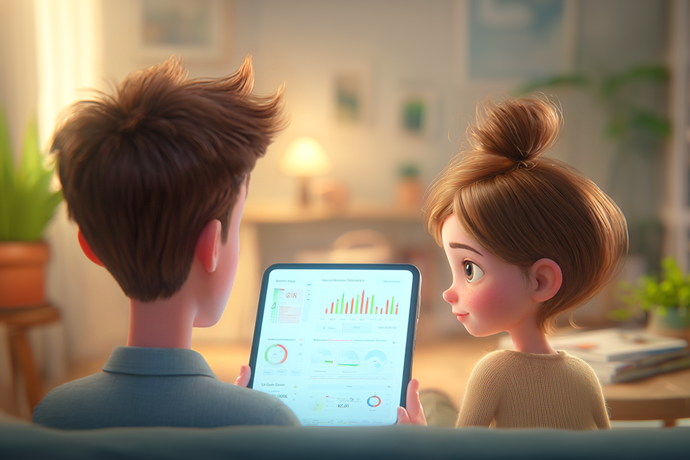 ילדה ואבא שלה עוקבים אחר ההתקדמות שלה בלימודים בטאבלט