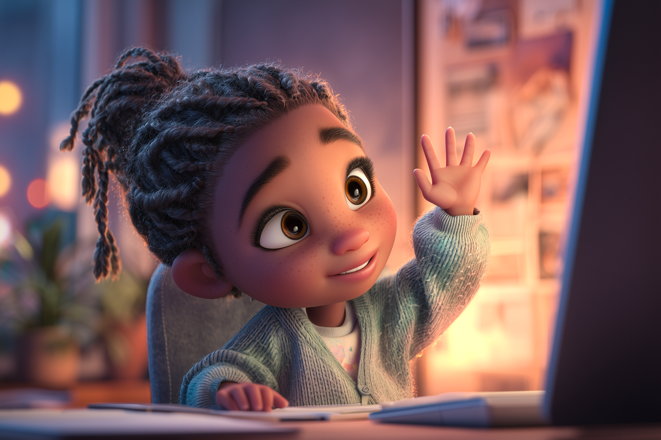 ילדה לומדת ומצביעה בשיעור אונליין במחשב