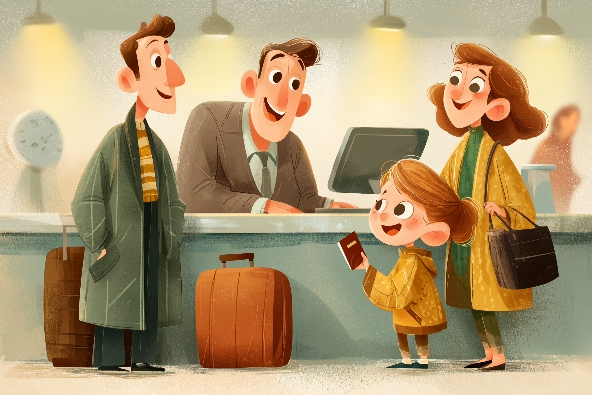 משפחה בשדה תעופה בדרך לטיסה