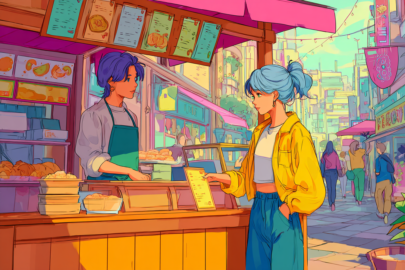 נערה משוחחת בשפה זרה עם מוכרת